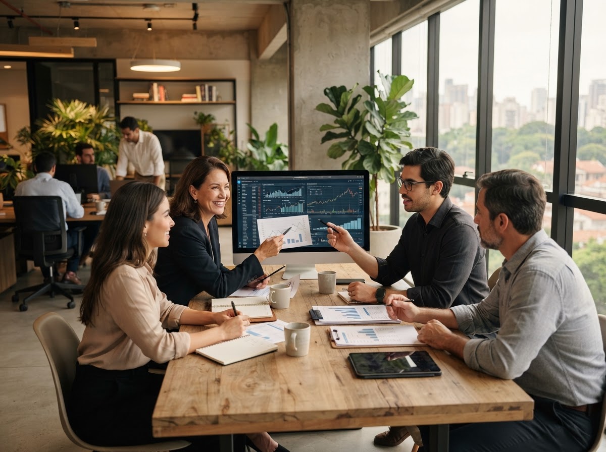 Montara Capital — equipe analisando modelos preditivos de risco em ambiente de trabalho remoto